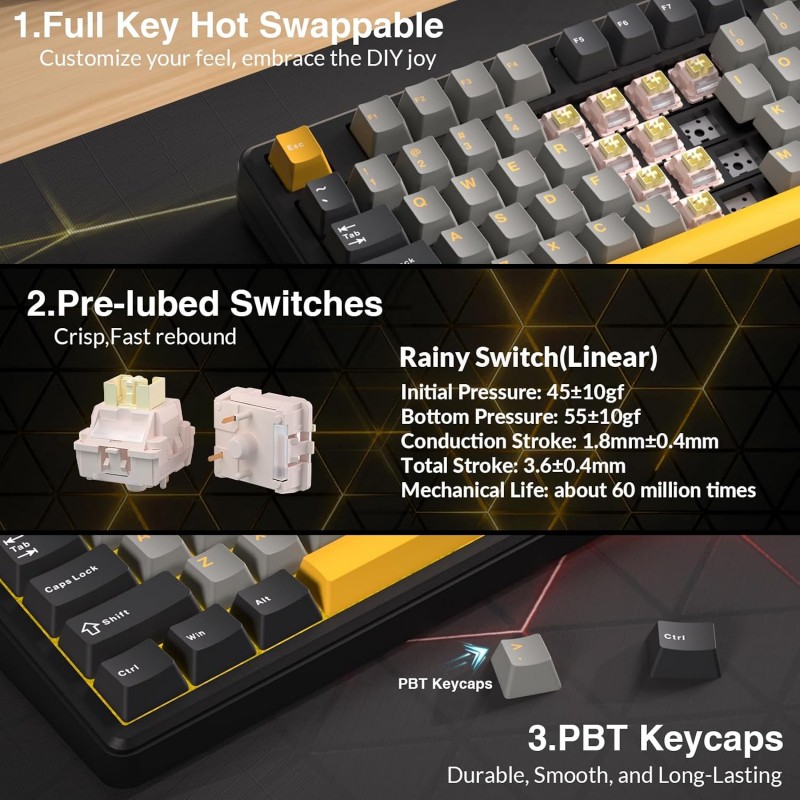 AULA L99 Tri-Mode Wireless Mechanical Keyboard (Raindrop Switches / 3.98" IPS Touchscreen / 75% Hot-Swap) - Grey & Yellow AULA L99 Tri-Mode Wireless Mechanical Keyboard (Raindrop Switches / 3.98" IPS Touchscreen / 75% Hot-Swap) - Grey & Yellow