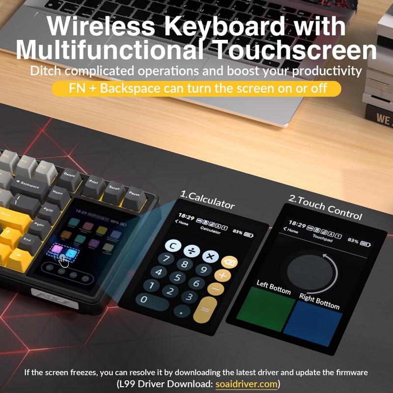 AULA L99 Tri-Mode Wireless Mechanical Keyboard (Raindrop Switches / 3.98" IPS Touchscreen / 75% Hot-Swap) - Grey & Yellow AULA L99 Tri-Mode Wireless Mechanical Keyboard (Raindrop Switches / 3.98" IPS Touchscreen / 75% Hot-Swap) - Grey & Yellow