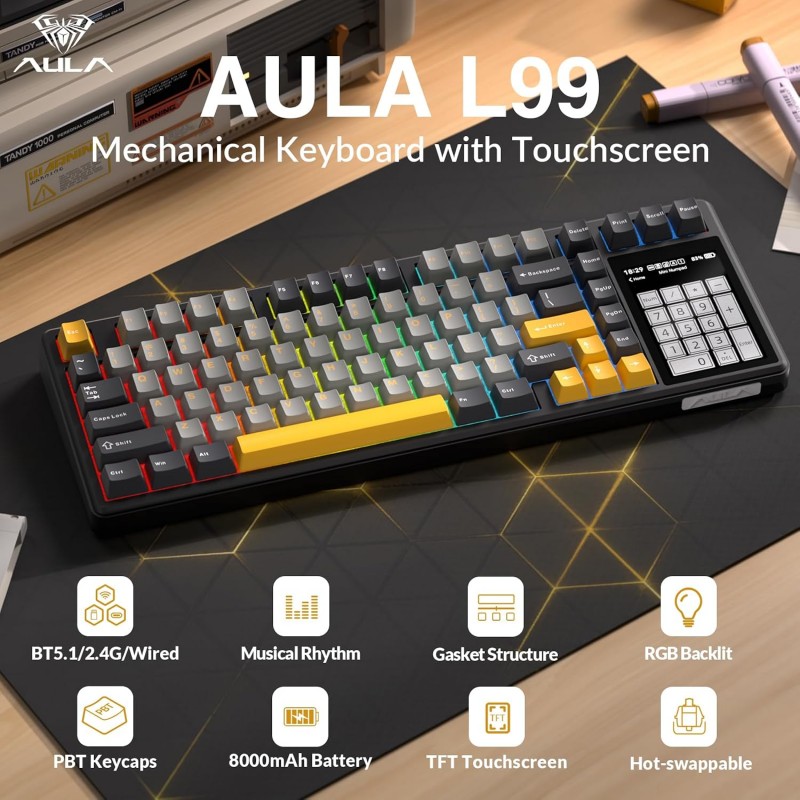 AULA L99 Tri-Mode Wireless Mechanical Keyboard (Raindrop Switches / 3.98" IPS Touchscreen / 75% Hot-Swap) - Grey & Yellow AULA L99 Tri-Mode Wireless Mechanical Keyboard (Raindrop Switches / 3.98" IPS Touchscreen / 75% Hot-Swap) - Grey & Yellow