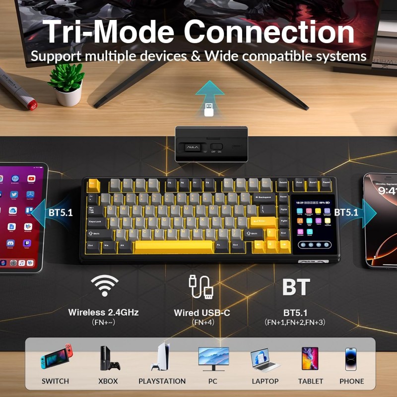AULA L99 Tri-Mode Wireless Mechanical Keyboard (Raindrop Switches / 3.98" IPS Touchscreen / 75% Hot-Swap) - Grey & Yellow AULA L99 Tri-Mode Wireless Mechanical Keyboard (Raindrop Switches / 3.98" IPS Touchscreen / 75% Hot-Swap) - Grey & Yellow