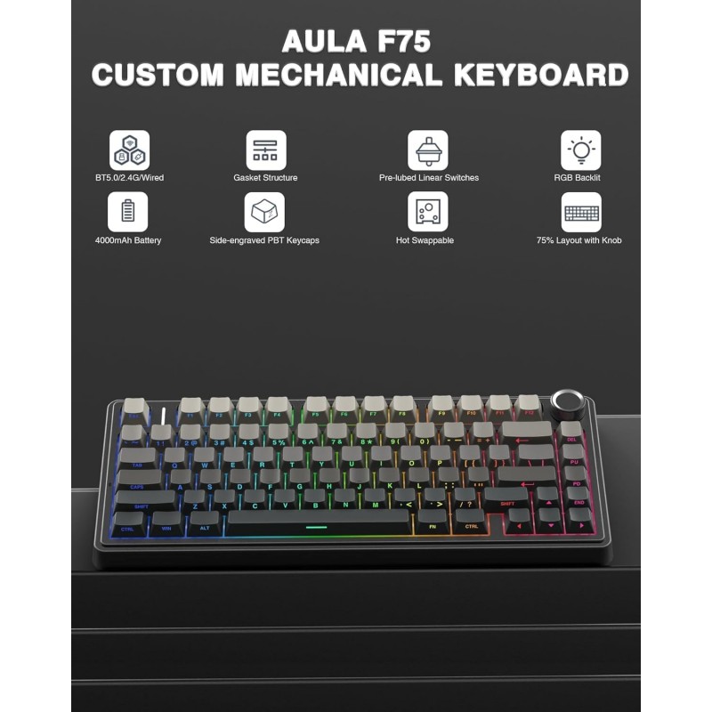 AULA F75 Tri-Mode Wireless Mechanical Keyboard (Reaper Switch / 75% Hot-Swap) - Gradient Grey