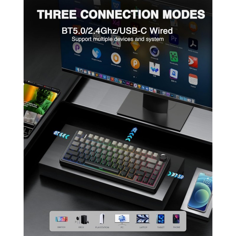 AULA F75 Tri-Mode Wireless Mechanical Keyboard (Reaper Switch / 75% Hot-Swap) - Gradient Grey