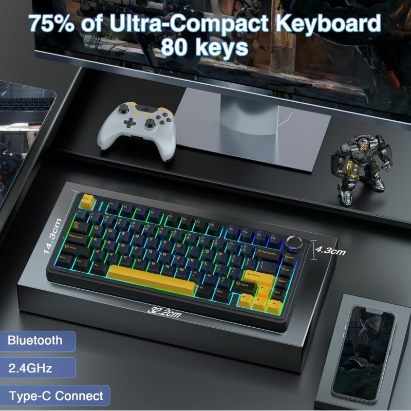 AULA F75 Tri-Mode Wireless Mechanical Keyboard (Reaper Switches / 75% Hot-Swap / 4000mAh) - Thunder Black