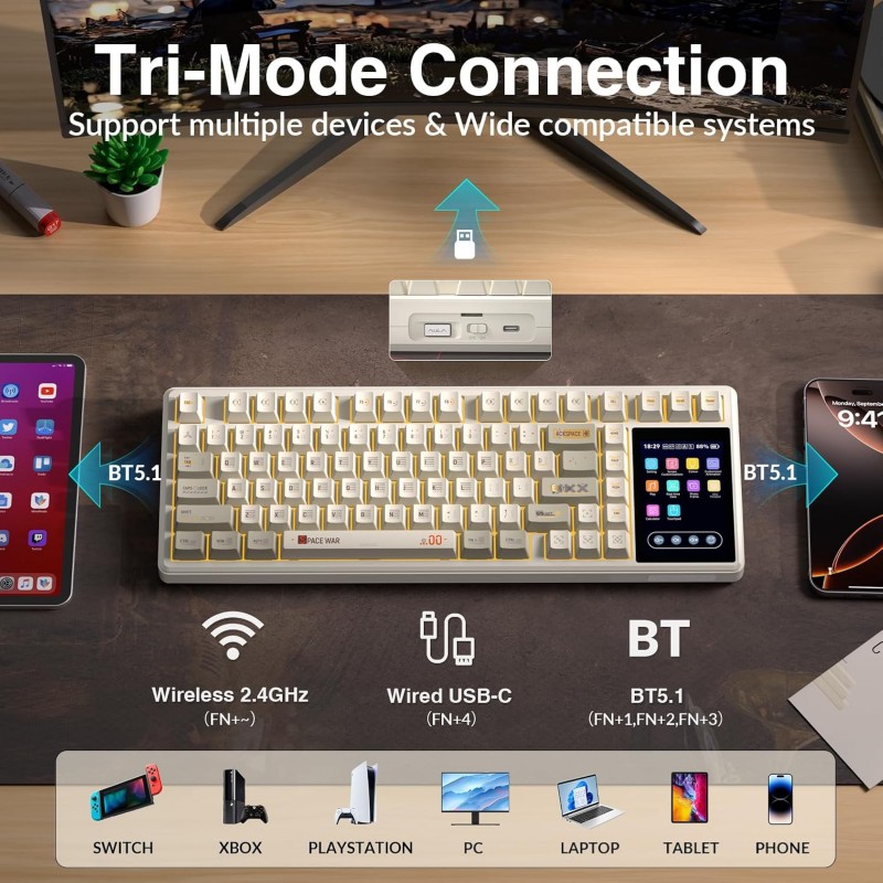 AULA L99 Tri-Mode Wireless Mechanical Keyboard (Caramel Latte Switches / 3.98" IPS Touchscreen / 75% Hot-Swap) - Latte Brown