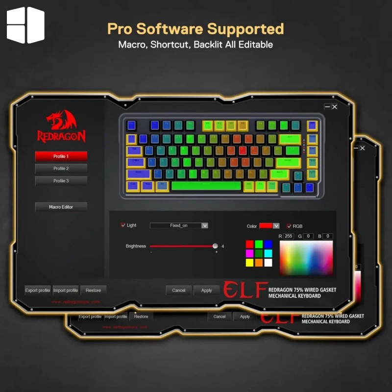 Redragon K649PY-RGB ELF 75% Wired Gasket RGB Gaming Keyboard – Hot-Swappable Linear Switch, Black/Gold