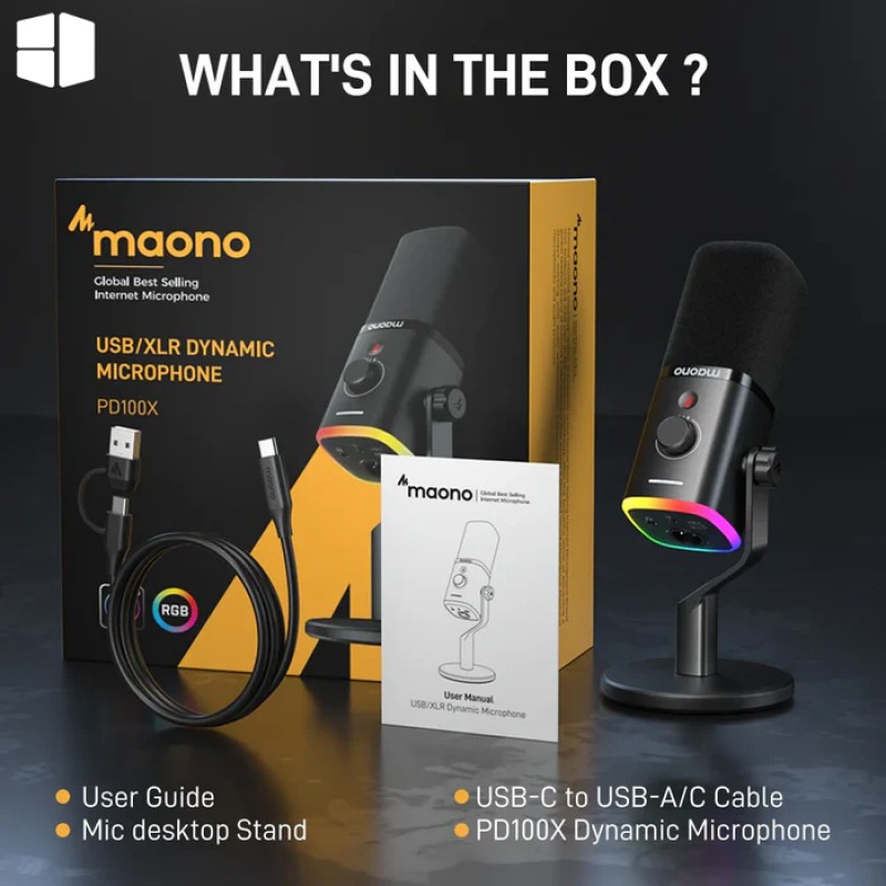 Maono PD100X-RGB USB/XLR Dynamic Microphone Gaming Desktop Stand | Black Maono PD100X-RGB USB/XLR Dynamic Microphone Gaming Desktop Stand | Black