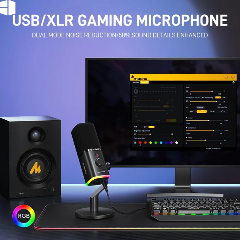 Maono PD100X-RGB USB/XLR Dynamic Microphone Gaming Desktop Stand | Black Maono PD100X-RGB USB/XLR Dynamic Microphone Gaming Desktop Stand | Black