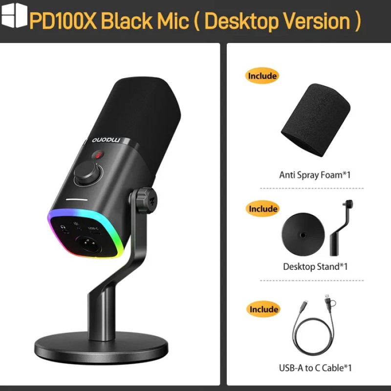 Maono PD100X-RGB USB/XLR Dynamic Microphone Gaming Desktop Stand | Black Maono PD100X-RGB USB/XLR Dynamic Microphone Gaming Desktop Stand | Black