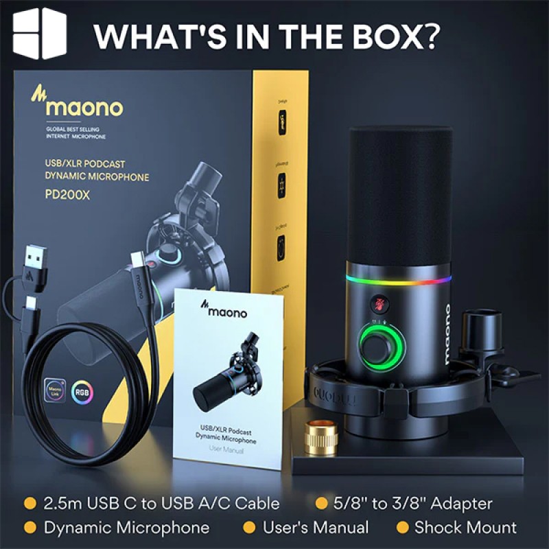 MAONO PD200X USB XLR Dynamic Microphone Dynamic cardioid mic with 40Hz-16KHz response RGB lighting MAONO PD200X USB XLR Dynamic Microphone Dynamic cardioid mic with 40Hz-16KHz response RGB lighting