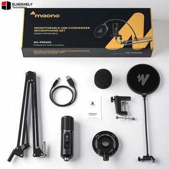 MAONO PM422 USB Podcast Microphone with 192kHz 24-bit sound cardioid pattern zero-latency monitoring mute button gain control and premium boom arm kit.