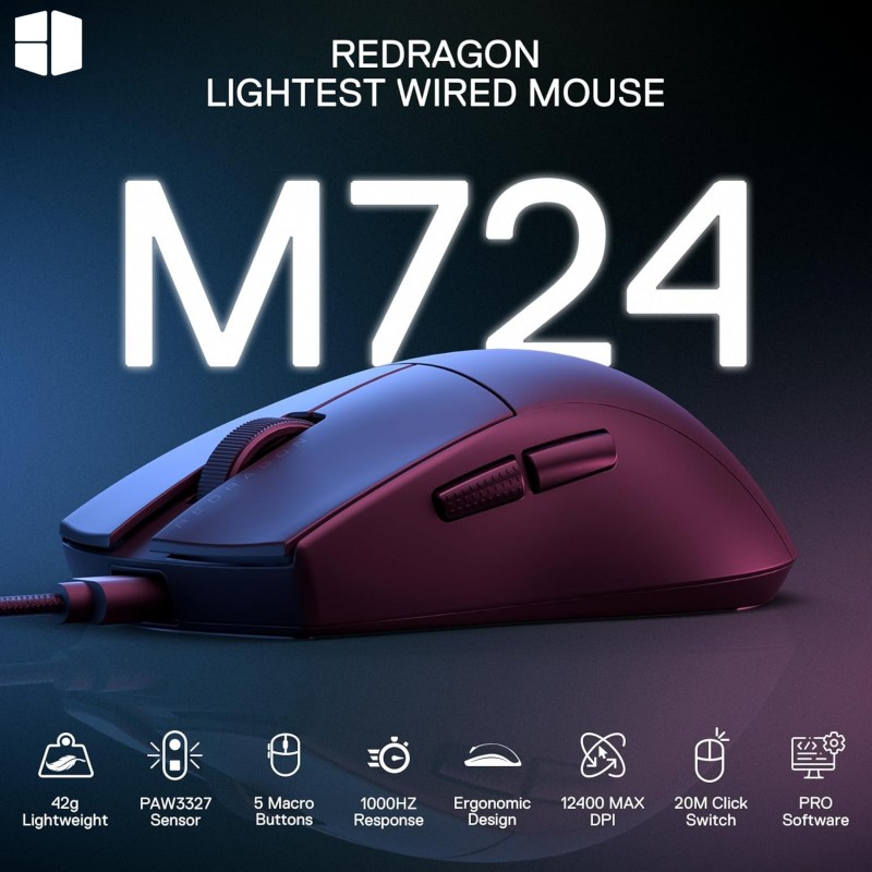 Redragon K1NG M724 Black Wired Gaming Mouse – 42g Ultra-Light, 12,400 DPI Pixart 3327 Sensor, 1000Hz Polling Rate