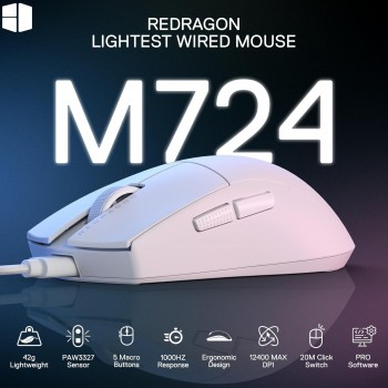 Redragon K1NG M724 White Wired Gaming Mouse – 42g Ultra-Light, 12,400 DPI Pixart 3327 Sensor, 1000Hz Polling Rate