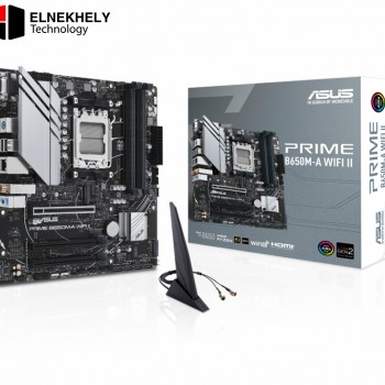 ASUS PRIME B650M-A WIFI II Micro-ATX motherboard DDR5 — PCIe 5.0 M.2 support, Realtek 2.5Gb Ethernet, Wi-Fi 6, DisplayPort, VGA, HDMI, SATA 6 Gbps, USB 3.2 Gen 2 ports, front USB 3.2 Gen 1 Type-C, BIOS FlashBack, Aura Sync