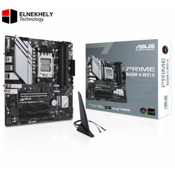 ASUS PRIME B650M-A WIFI II Micro-ATX motherboard DDR5 — PCIe 5.0 M.2 support, Realtek 2.5Gb Ethernet, Wi-Fi 6, DisplayPort, VGA, HDMI, SATA 6 Gbps, USB 3.2 Gen 2 ports, front USB 3.2 Gen 1 Type-C, BIOS FlashBack, Aura Sync