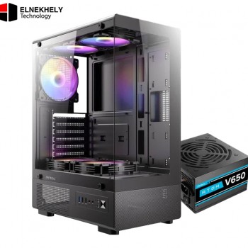 Antec VCX300 Mid Tower Gaming Case with 5 ARGB Fans + Antec Atom V650 Power Supply