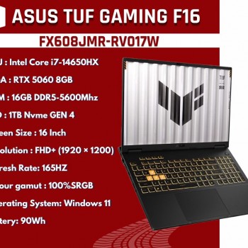 ASUS TUF Gaming F16 (FX608JMR-RV017W) Intel Core i7-14650HX RTX 5060 8GB 16" FHD+ 165Hz 16GB RAM 1TB SSD Laptop - Jaeger Gray