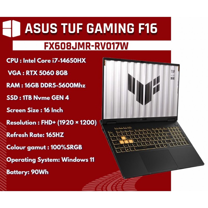 ASUS TUF Gaming F16 (FX608JMR-RV017W) Intel Core i7-14650HX RTX 5060 8GB 16" FHD+ 165Hz 16GB RAM 1TB SSD Laptop - Jaeger Gray ASUS TUF Gaming F16 (FX608JMR-RV017W) Intel Core i7-14650HX RTX 5060 8GB 16" FHD+ 165Hz 16GB RAM 1TB SSD Laptop - Jaeger Gray