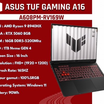 ASUS TUF Gaming A16 (FA608PM-RV169W) AMD Ryzen 9 8940HX RTX 5060 8GB 16" FHD+ 165Hz 16GB RAM 1TB SSD Laptop - Jaeger Gray