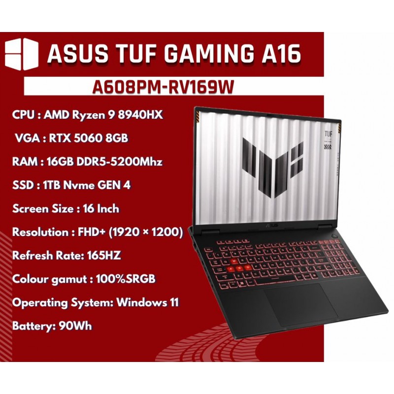 ASUS TUF Gaming A16 (FA608PM-RV169W) AMD Ryzen 9 8940HX RTX 5060 8GB 16" FHD+ 165Hz 16GB RAM 1TB SSD Laptop - Jaeger Gray ASUS TUF Gaming A16 (FA608PM-RV169W) AMD Ryzen 9 8940HX RTX 5060 8GB 16" FHD+ 165Hz 16GB RAM 1TB SSD Laptop - Jaeger Gray