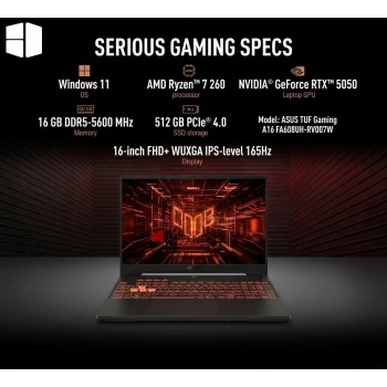 ASUS TUF Gaming A16 (FA608UH-RV0007W) AMD Ryzen 7 260 RTX 5050 8GB 16" FHD 165Hz 16GB RAM Laptop - Grey