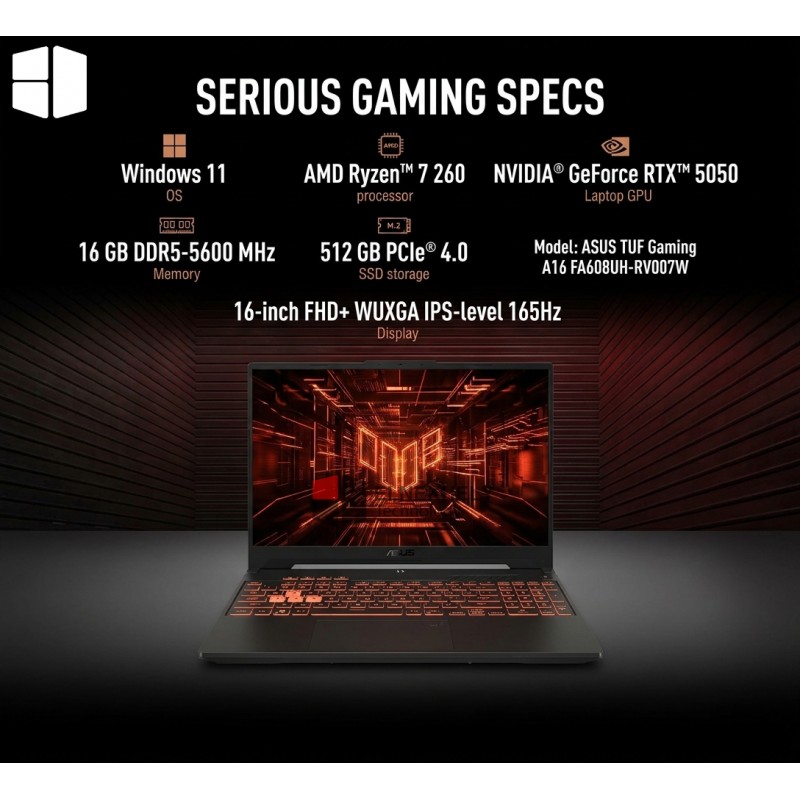 ASUS TUF Gaming A16 (FA608UH-RV0007W) AMD Ryzen 7 260 RTX 5050 8GB 16" FHD 165Hz 16GB RAM Laptop - Grey