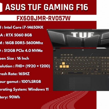 ASUS TUF Gaming F16 (FX608JMR-RV057W) Intel Core i7-14650HX RTX 5060 8GB 16" FHD+ 165Hz 16GB RAM Laptop - Jaeger Gray