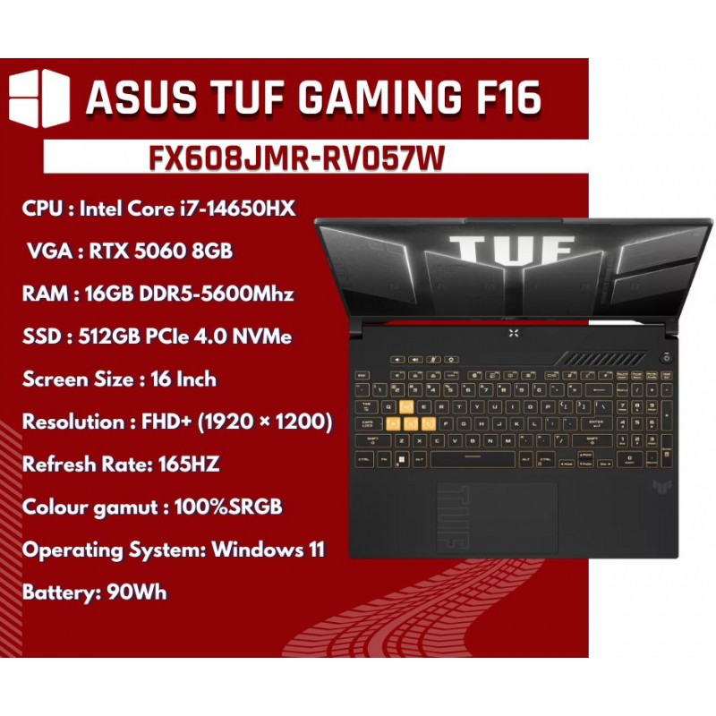 ASUS TUF Gaming F16 (FX608JMR-RV057W) Intel Core i7-14650HX RTX 5060 8GB 16" FHD+ 165Hz 16GB RAM Laptop - Jaeger Gray ASUS TUF Gaming F16 (FX608JMR-RV057W) Intel Core i7-14650HX RTX 5060 8GB 16" FHD+ 165Hz 16GB RAM Laptop - Jaeger Gray