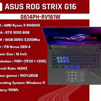 ASUS ROG Strix G16 (G614PH-RV161W) AMD Ryzen 9 8940HX RTX 5050 8GB 16" FHD+ 165Hz 16GB RAM 1TB SSD Laptop - Eclipse Gray
