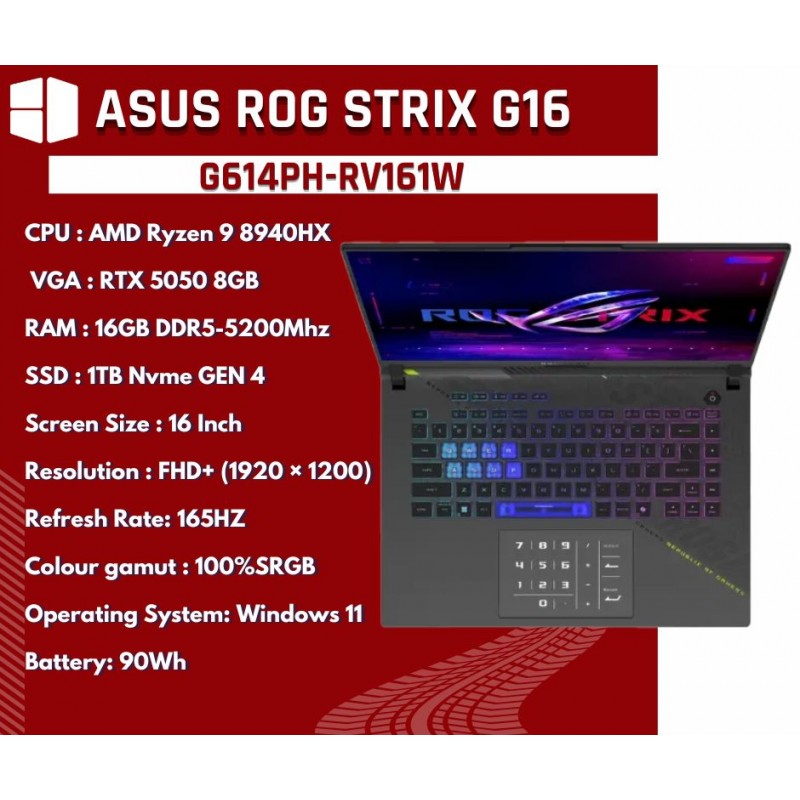 ASUS ROG Strix G16 (G614PH-RV161W) AMD Ryzen 9 8940HX RTX 5050 8GB 16" FHD+ 165Hz 16GB RAM 1TB SSD Laptop - Eclipse Gray ASUS ROG Strix G16 (G614PH-RV161W) AMD Ryzen 9 8940HX RTX 5050 8GB 16" FHD+ 165Hz 16GB RAM 1TB SSD Laptop - Eclipse Gray