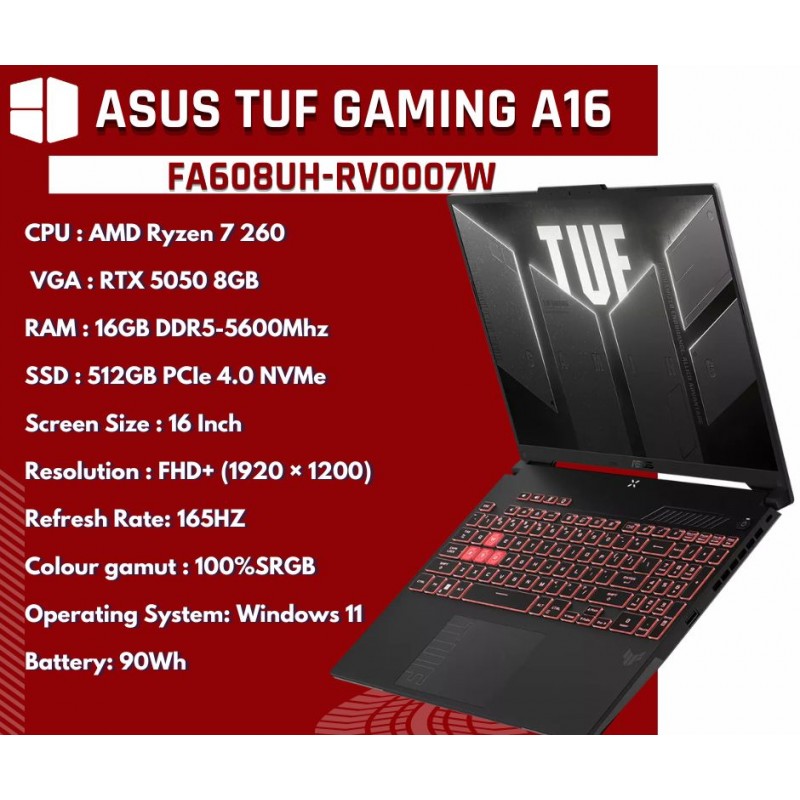 ASUS TUF Gaming A16 (FA608UH-RV0007W) AMD Ryzen 7 260 RTX 5050 8GB 16" FHD 165Hz 16GB RAM Laptop - Grey
