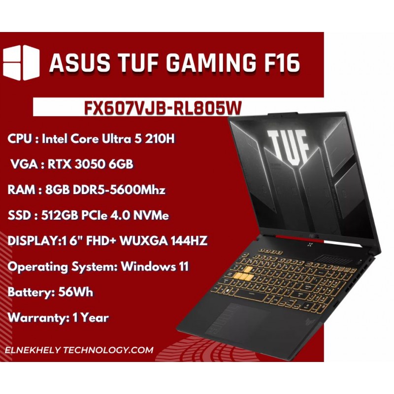 ASUS TUF Gaming F16 (FX607VJB-RL805W) Intel Core Ultra 5 210H RTX 3050 6GB 16" FHD+ 144Hz Laptop - Mecha Gray ASUS TUF Gaming F16 (FX607VJB-RL805W) Intel Core Ultra 5 210H RTX 3050 6GB 16" FHD+ 144Hz Laptop - Mecha Gray