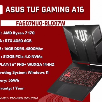 ASUS TUF Gaming A16 (FA607NUQ-RL007W) AMD Ryzen 7 170 RTX 4050 6GB 16" WUXGA 144Hz 16GB RAM Laptop - Mecha Gray