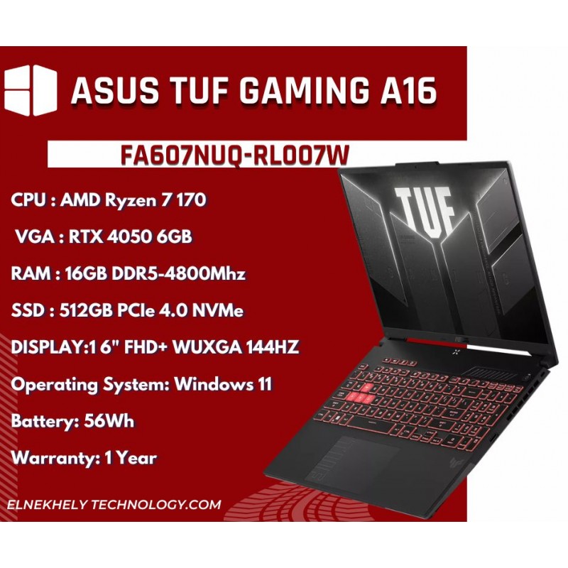 ASUS TUF Gaming A16 (FA607NUQ-RL007W) AMD Ryzen 7 170 RTX 4050 6GB 16" WUXGA 144Hz 16GB RAM Laptop - Mecha Gray