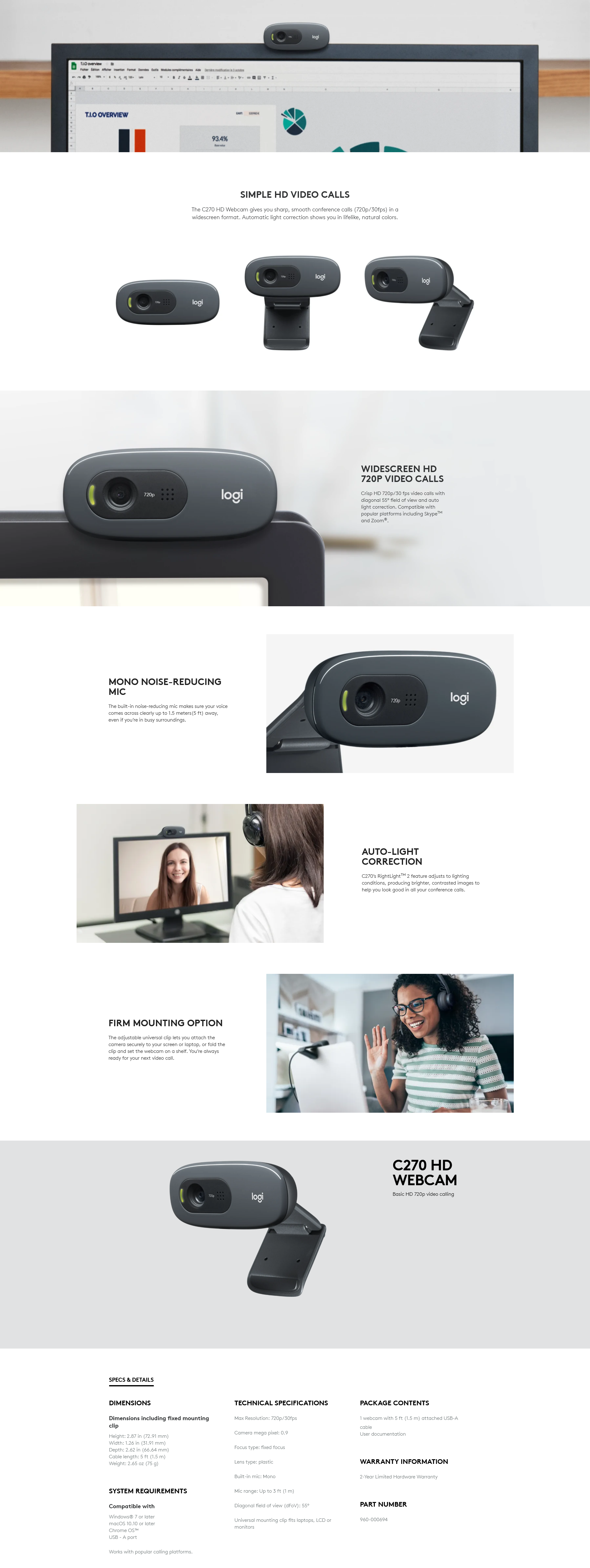 hverdagskost revolution Cataract Logitech C270 HD 720p/30fps Webcam with Long Range Microphone - 960-000694