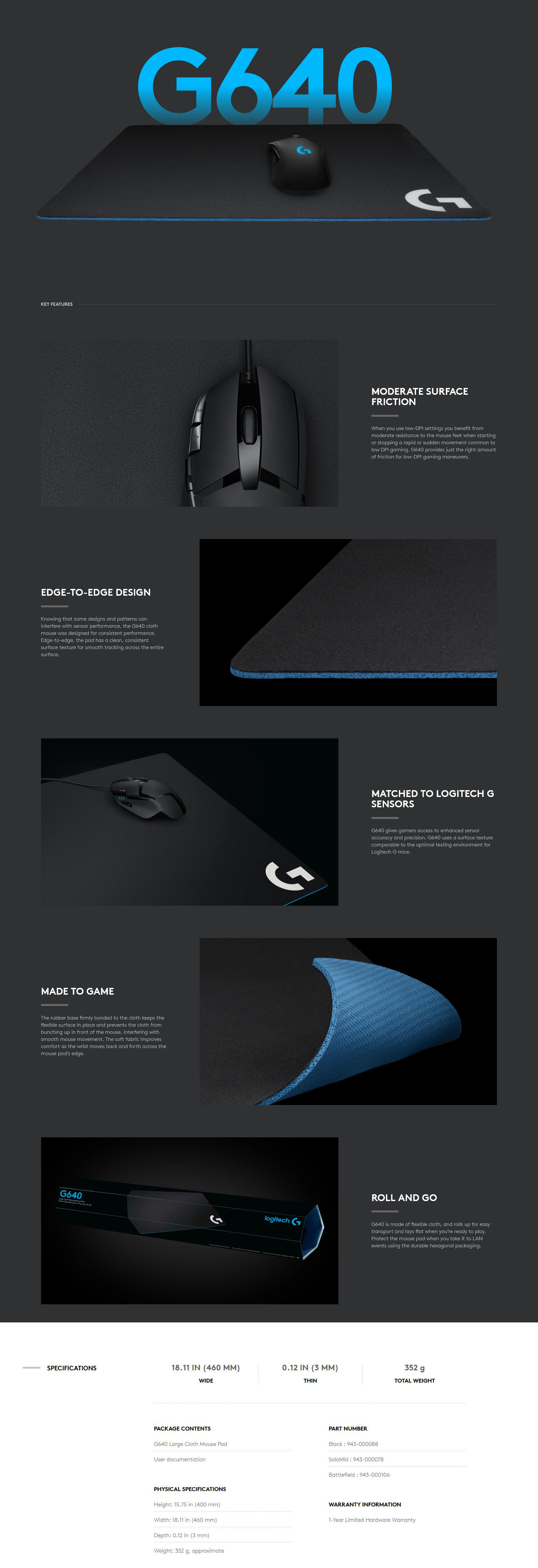 Logitech G640 Large Cloth Gaming Mouse Pad Black 943