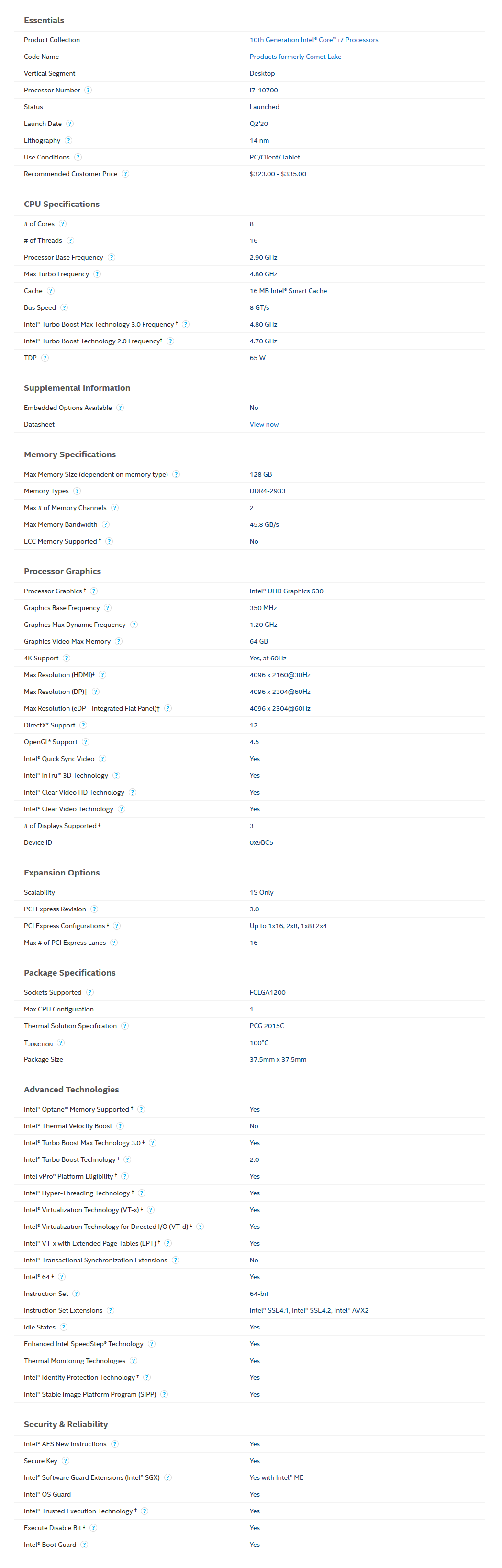 Intel Core i7-10700 Comet Lake 8-Cores 16-Threads (4.8 GHz Turbo