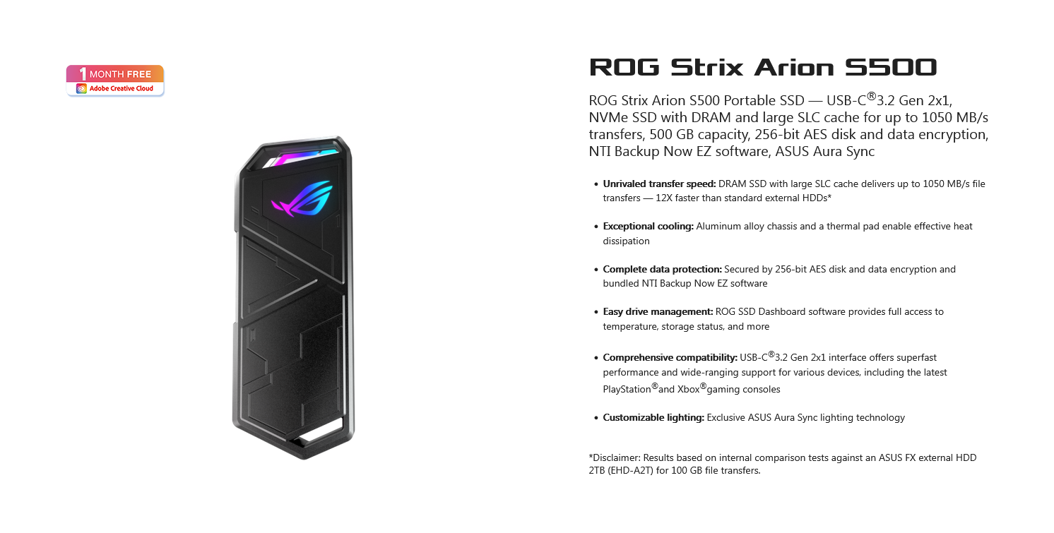 Boitier SSD externe portable Asus ROG Strix Arion S500 USB 3.2